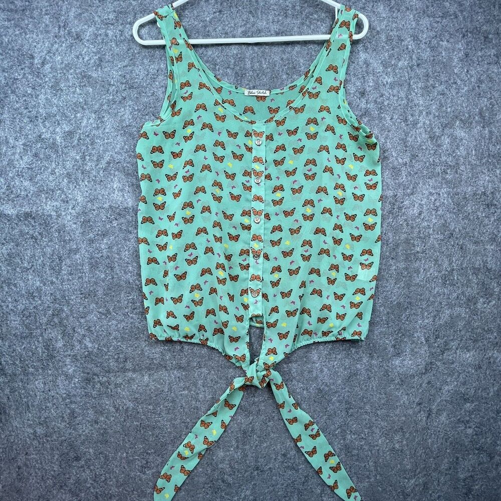 Blue Sketch Shirt Medium Pastel Turquoise Butterflies Sheer Tie Waist Boho Retro